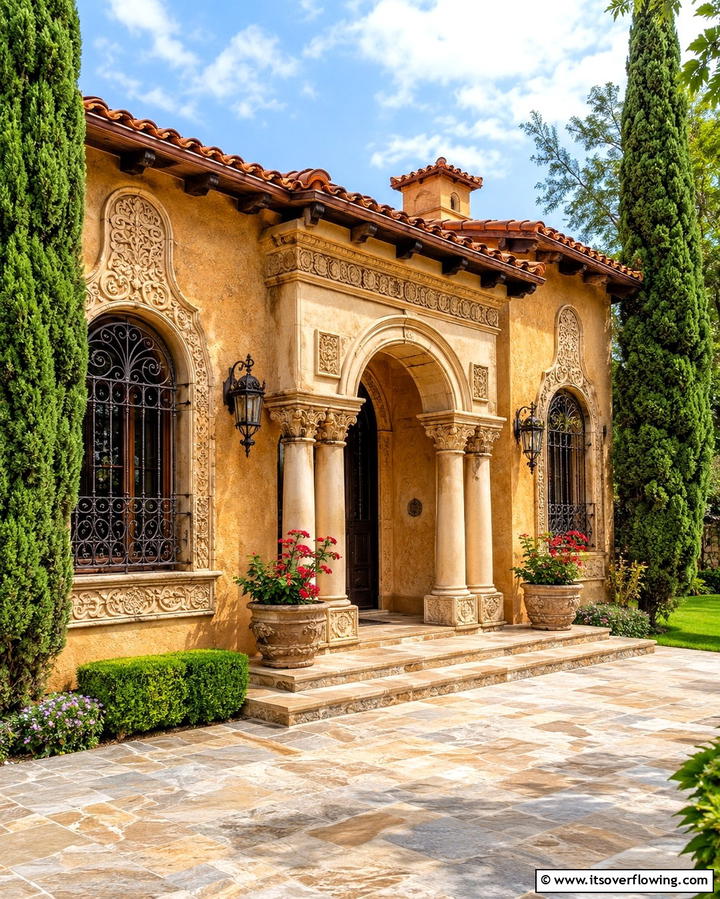 Elegant Carved Stonework - 30 Spanish Bungalow Exterior Ideas for Mediterranean Charm