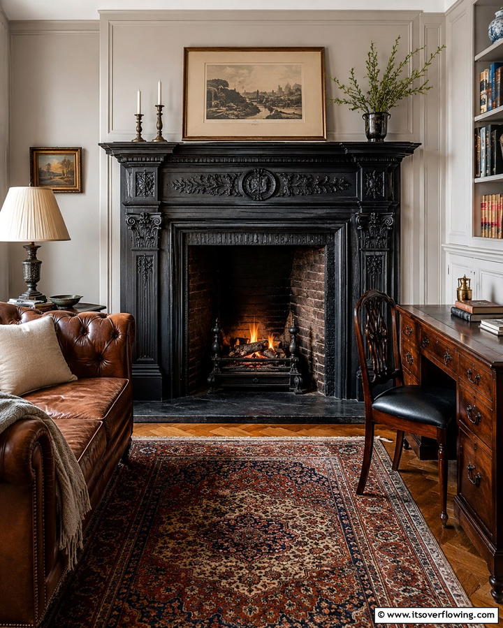 Elegant Cast Iron Surround - 30 French Country Fireplace Ideas- Rustic Charm