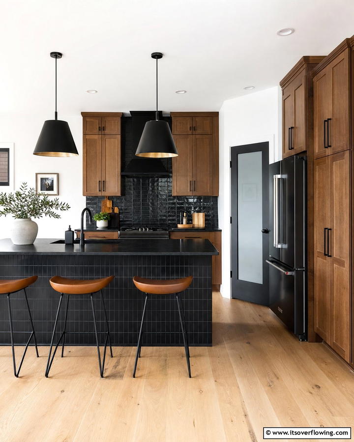 Elegant Contrast with Black Accents - 25 Brown Kitchen Cabinets With Black Countertops