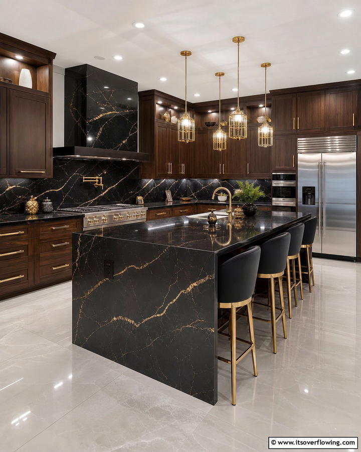 Elegant Contrast with Gold Accents - 20 Kitchen Ideas with Brown Cabinets and Black Countertops