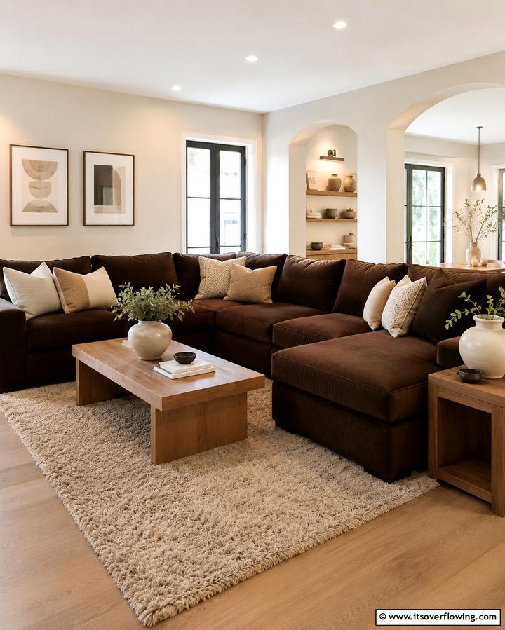 Elegant Contrast with Light Colored Walls - 30 Warm Dark Brown Couch Styling Ideas for Cozy Living Rooms