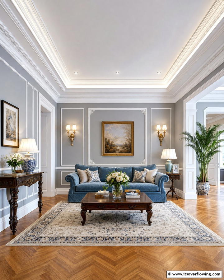 Elegant Crown Molding Details - 21 Living Room Ceiling Ideas to Elevate Your Space