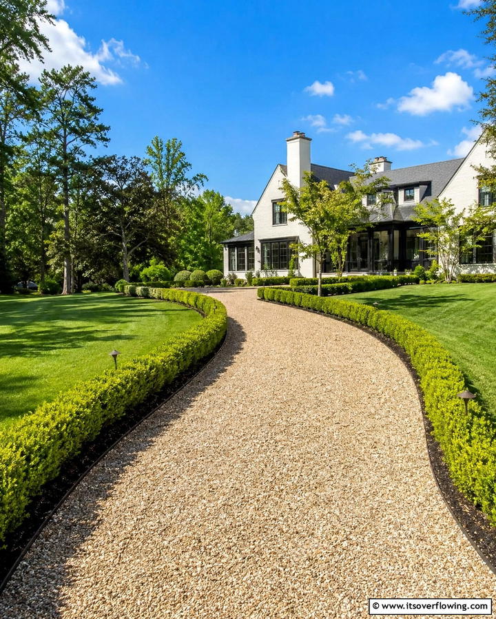 Elegant Curved Gravel Design - 30 Gravel Driveway Ideas- Durable & Stylish Options
