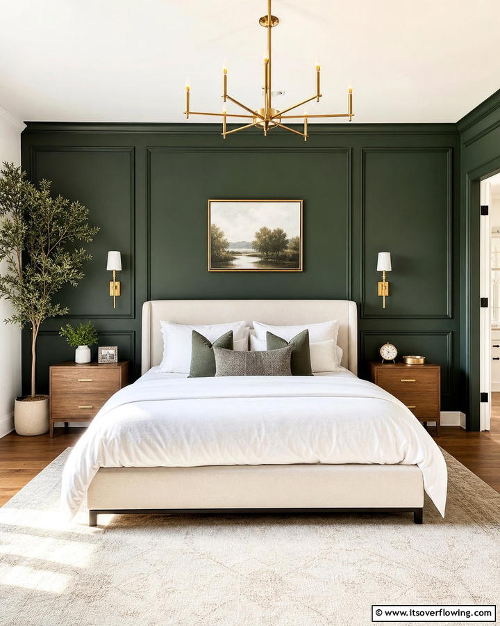 Elegant Dark Green Accent Wall - 21 Dark Green Bedroom Ideas- Moody & Luxurious Spaces
