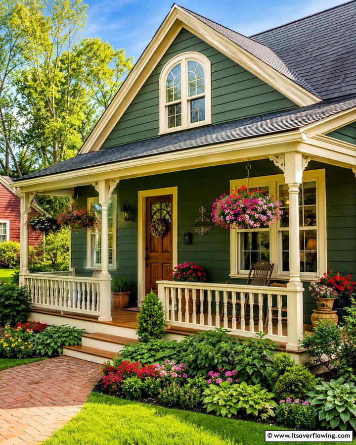 Elegant Dark Green with Cream Highlights - 30 Stunning Dark Green Exterior House Designs for Curb Appeal