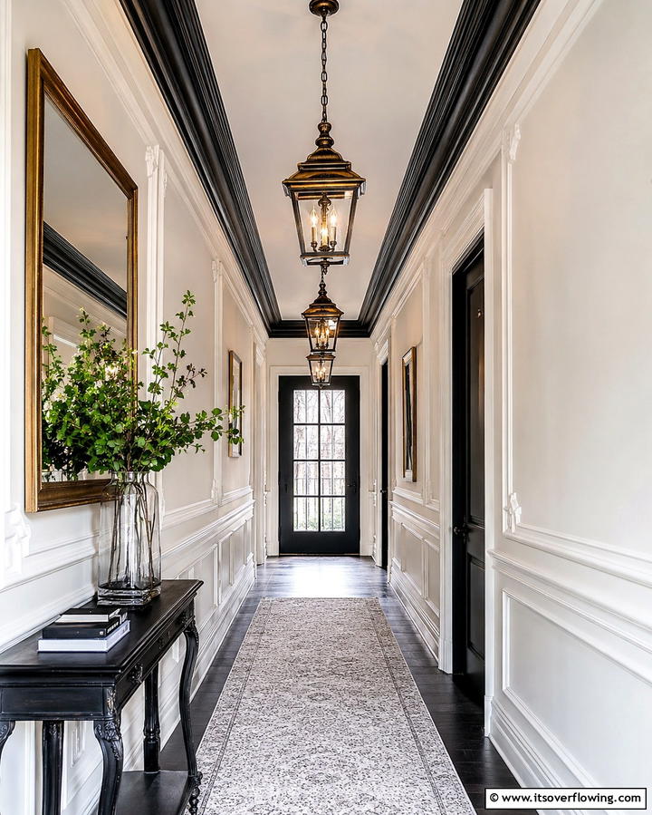 Elegant Decorative Moldings - 30 Chic Black and White Hallway Ideas for Timeless Elegance