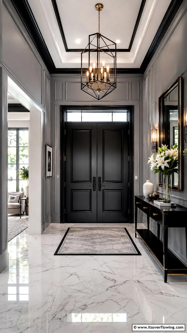 Elegant Entryway Design - 30 Grey House With Black Trim Ideas- Bold Exterior Designs