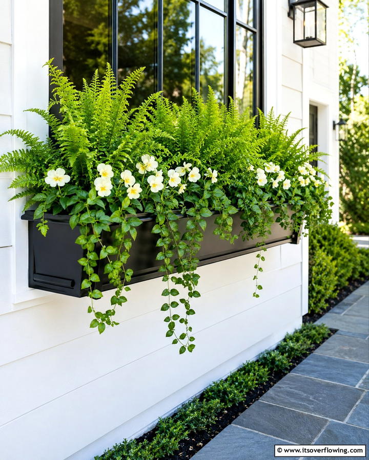 Elegant Fern Finesse - 30 Fall Window Box Ideas for Autumn-Inspired Floral Displays