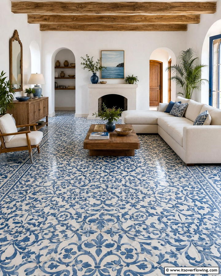 Elegant Floor Patterns - 30 Mediterranean Living Room Ideas- Warm & Inviting Spaces