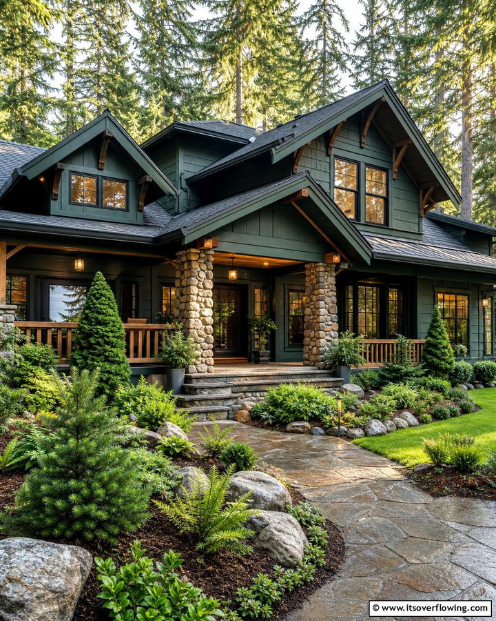 Elegant Forest Retreat - 21 Dark Green Exterior Paint Color Schemes for Modern Homes