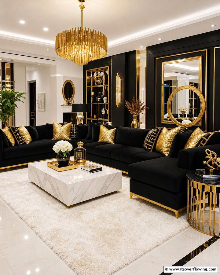 Elegant Fusion of Black and Gold - 21 Chic Black Couch Living Room Styling Inspirations