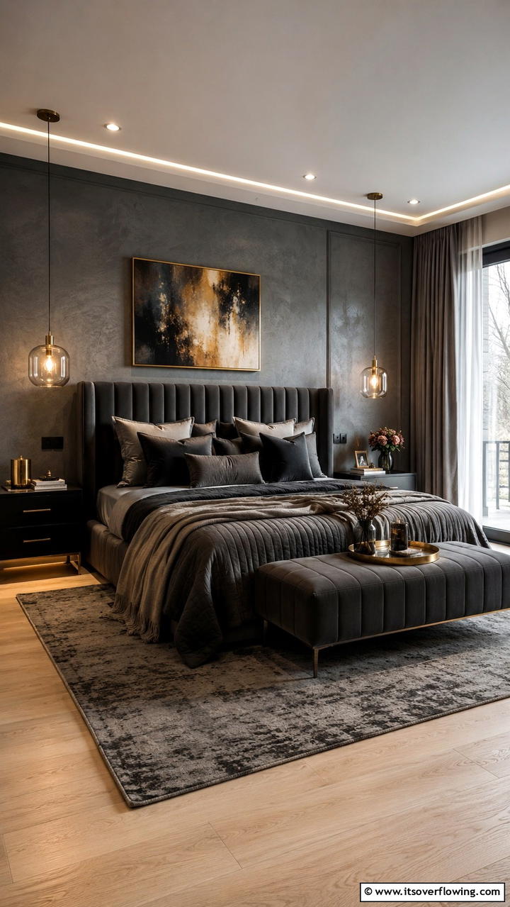 Elegant Fusion of Texture and Tone - 30 Dark Grey Bedroom Ideas for Modern Serene Spaces