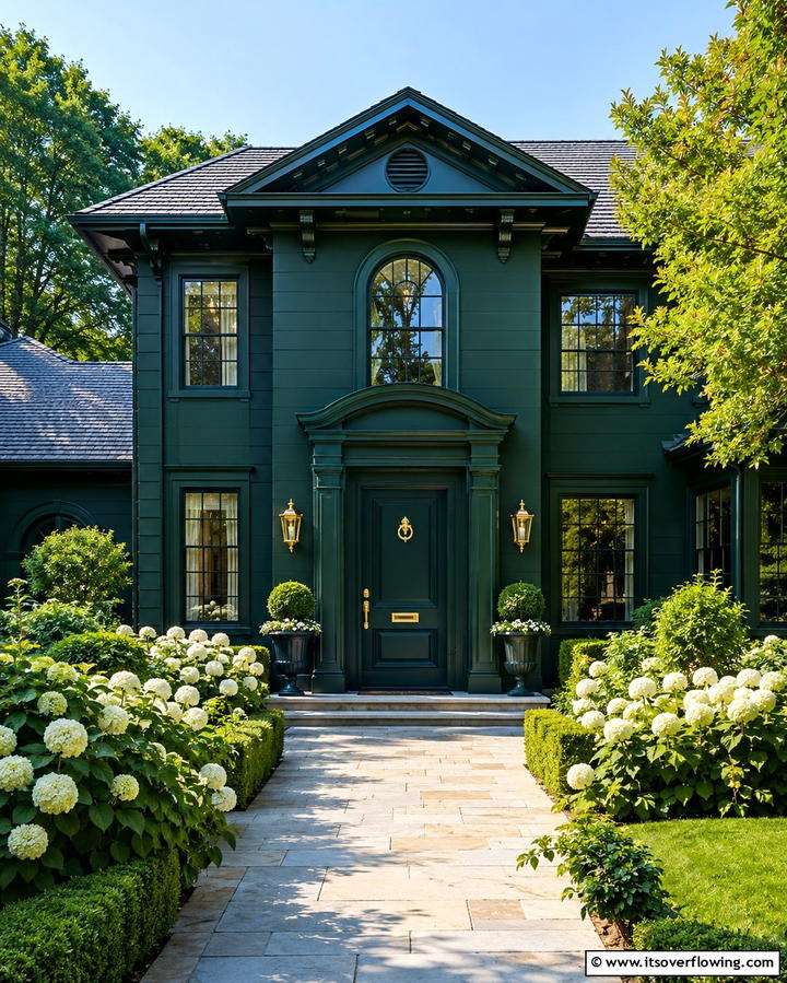 Elegant Gold Hardware - 30 Stunning Dark Green Exterior House Designs for Curb Appeal