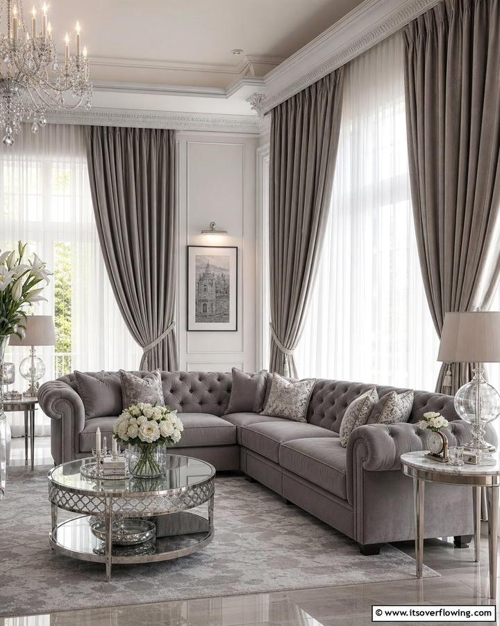 Elegant Gray with Draped Curtains - 21 Gray Living Room Ideas to Elevate Neutral Decor