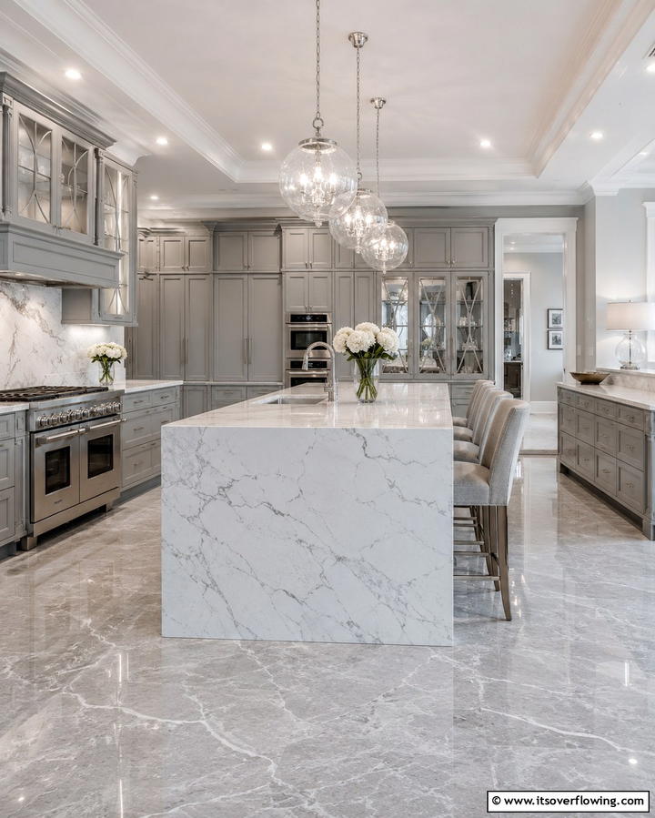 Elegant Grey Kitchen with Marble Accents - 30 Kitchens with Grey Floors- Sleek & Modern Flooring Ideas