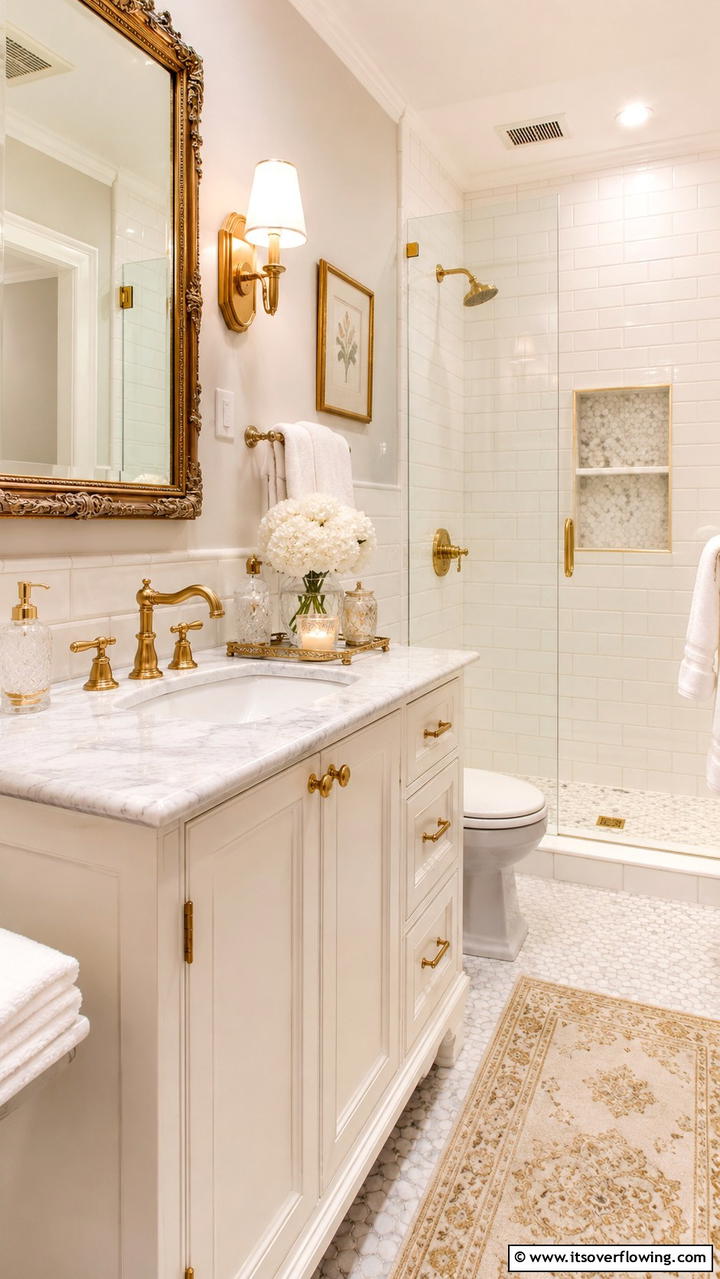Elegant Hardware Finishes - 30 Cottage Bathroom Ideas for a Charming Relaxing Retreat