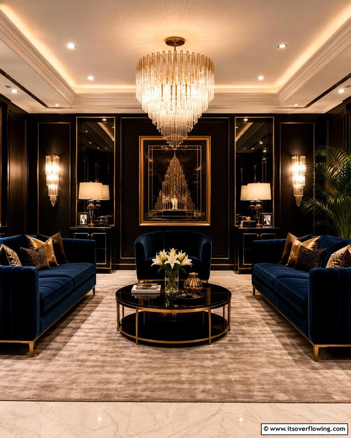 Elegant Lighting Fixtures - 30 Art Deco Living Room Ideas for Luxurious Spaces