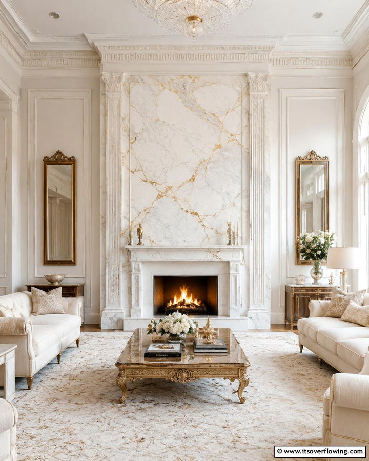 Elegant Marble Accents - 25 Floor-to-Ceiling Stone Fireplace Ideas for Cozy Homes