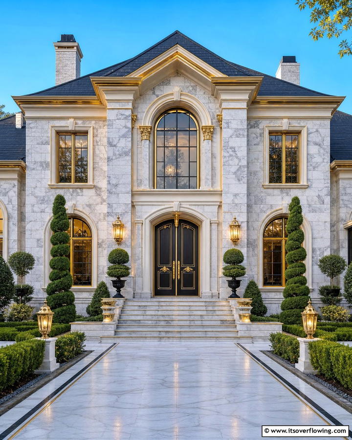 Elegant Marble Brick with Gold Highlights - 30 Exterior Brick and Paint Color Combinations
