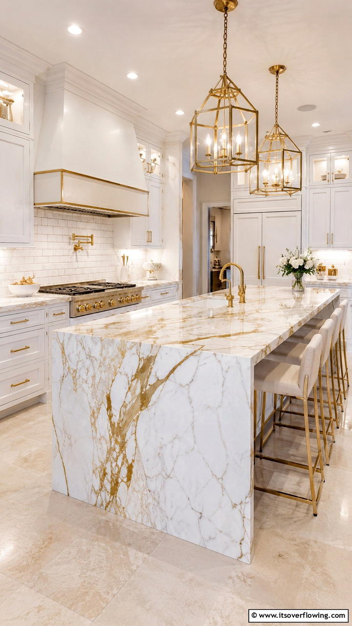 Elegant Marble Countertops in White and Gold - 21 White and Gold Kitchen Ideas for Timeless Elegance