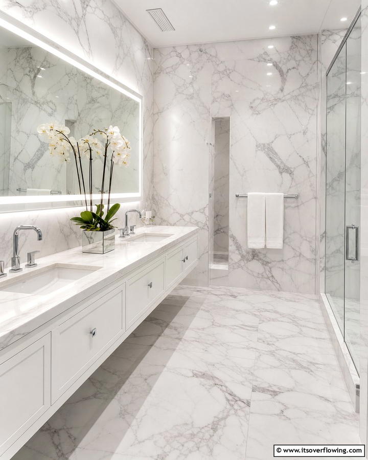 Elegant Marble Effects - 21 Bathroom Wallpaper Ideas to Add Bold Patterns or Subtle Texture