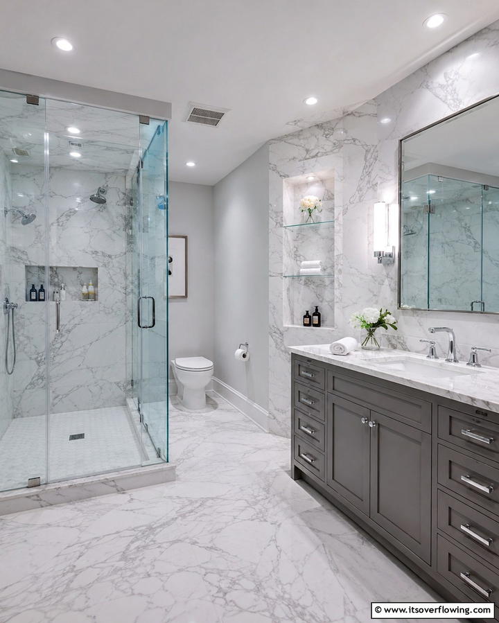 Elegant Marble Finishes - 30 Basement Bathroom Ideas for Small and Functional Spaces
