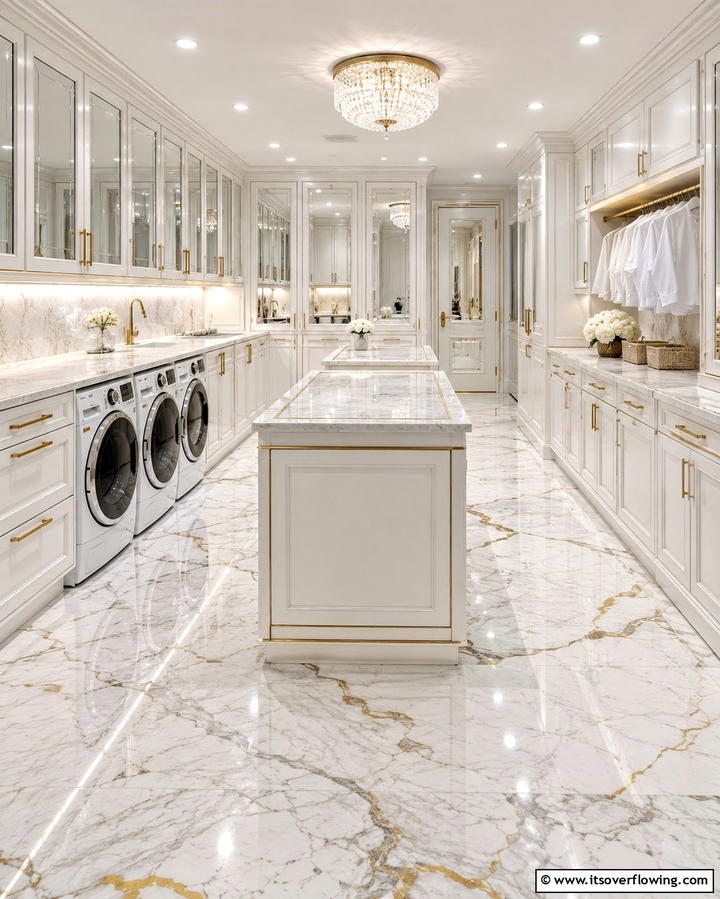Elegant Marble Flooring for Luxury - 25 Laundry Room Floor Ideas for a Functional Space