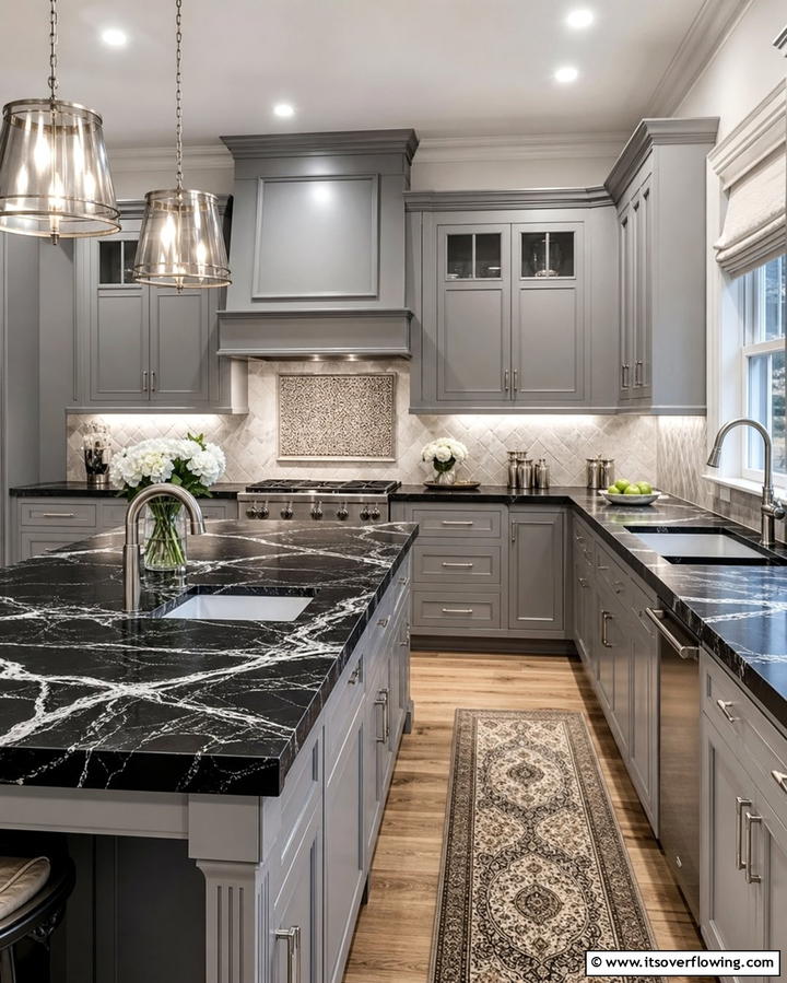 Elegant Marble Look Countertops - 25 Kitchen Ideas with Gray Cabinets and Black Countertops