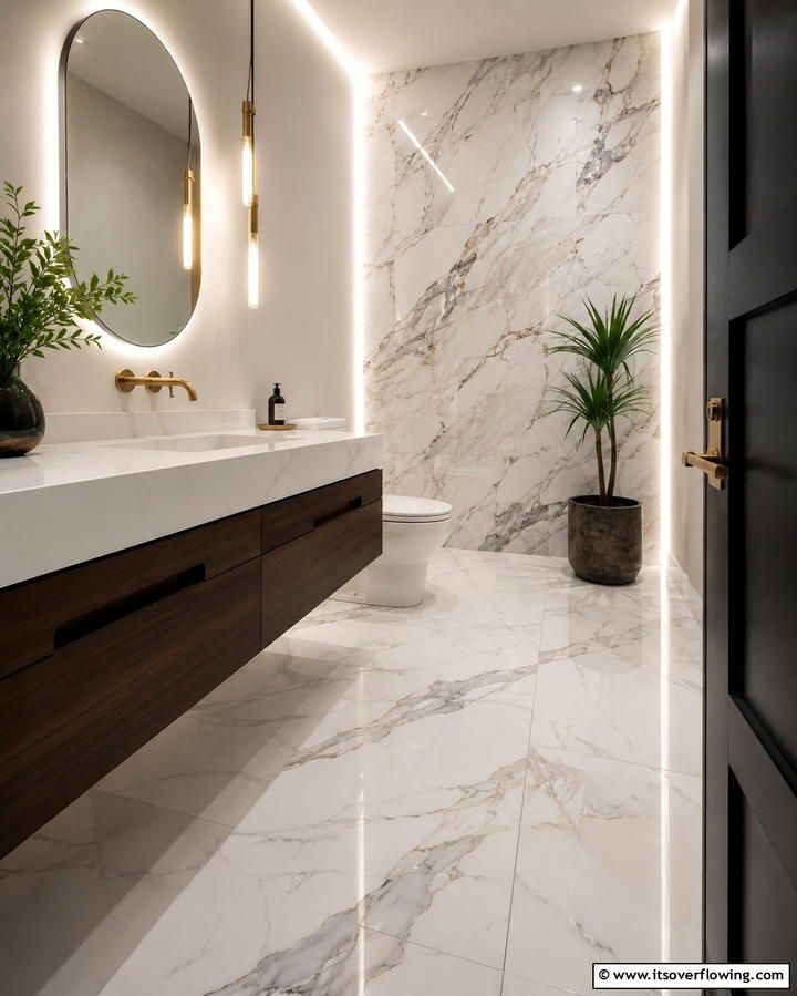 Elegant Marble Look Tiles - 30 Powder Room Floor Tile Ideas for Elegant Small Spaces