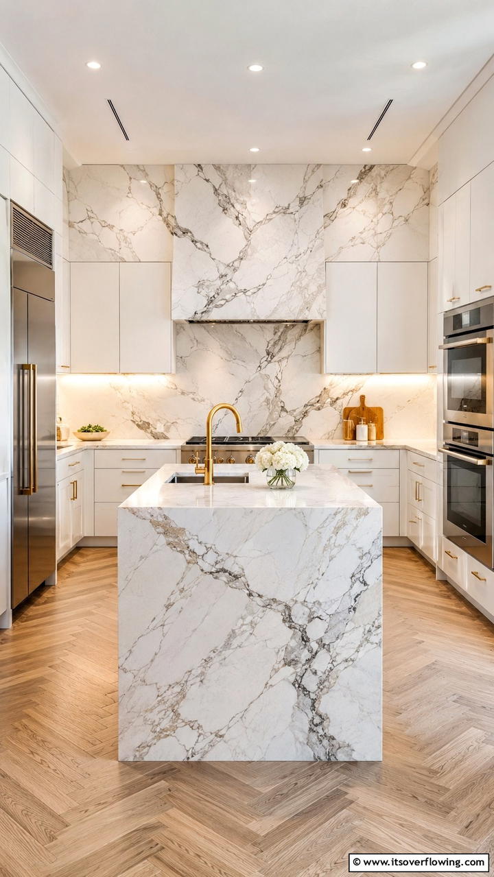 Elegant Marble Slab - 21 White Cabinet Kitchen Backsplash Ideas for Contrast