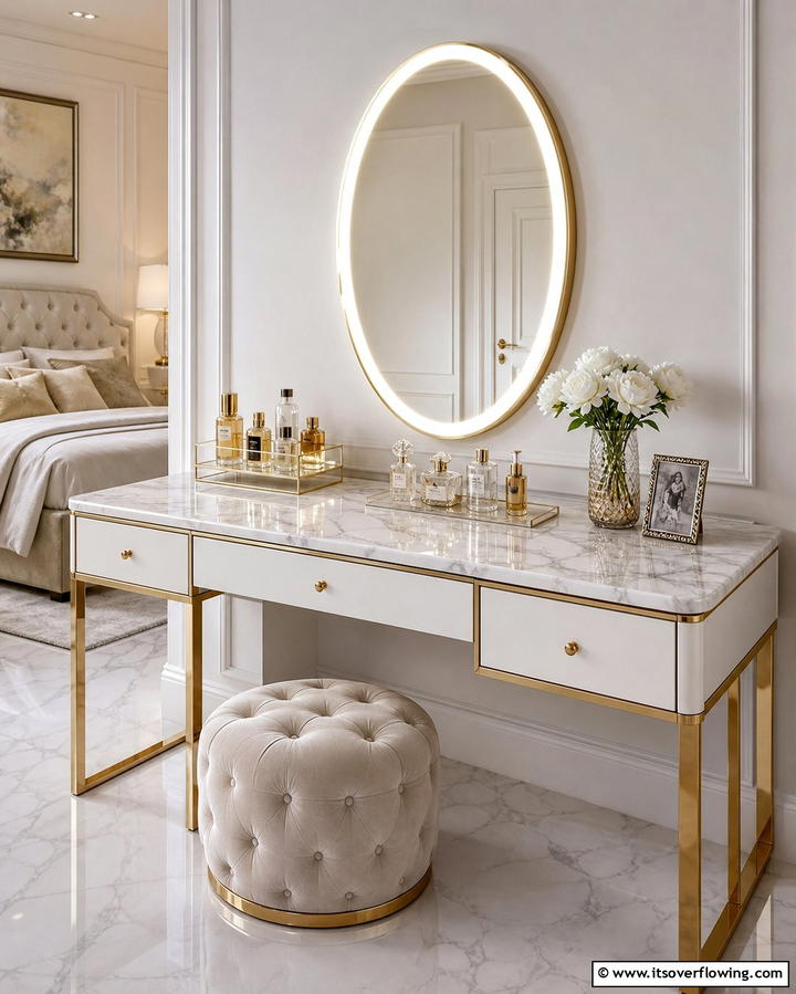 Elegant Marble Vanity - 30 Stylish Makeup Vanity Ideas for a Functional Beauty Space