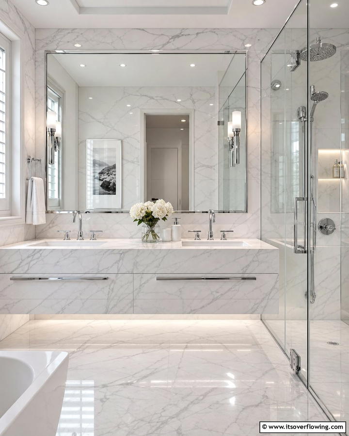 Elegant Marble and Chrome Finishes - 30 Luxurious Marble Bathroom Ideas for a Spa-Like Retreat