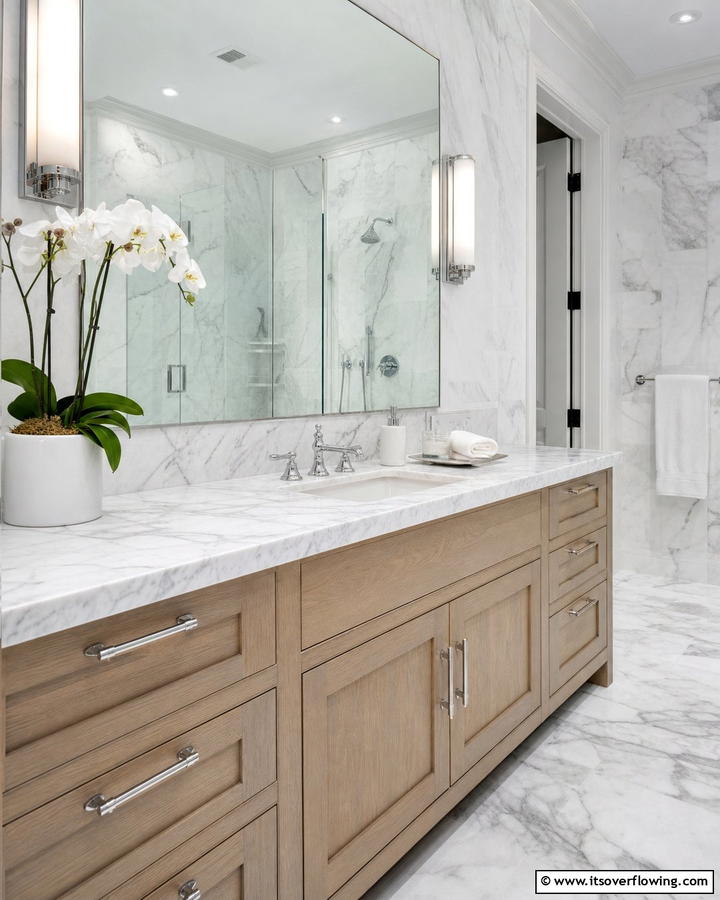 Elegant Marble and Wood Combos - 20 Wood Bathroom Vanity Ideas for a Warm Look