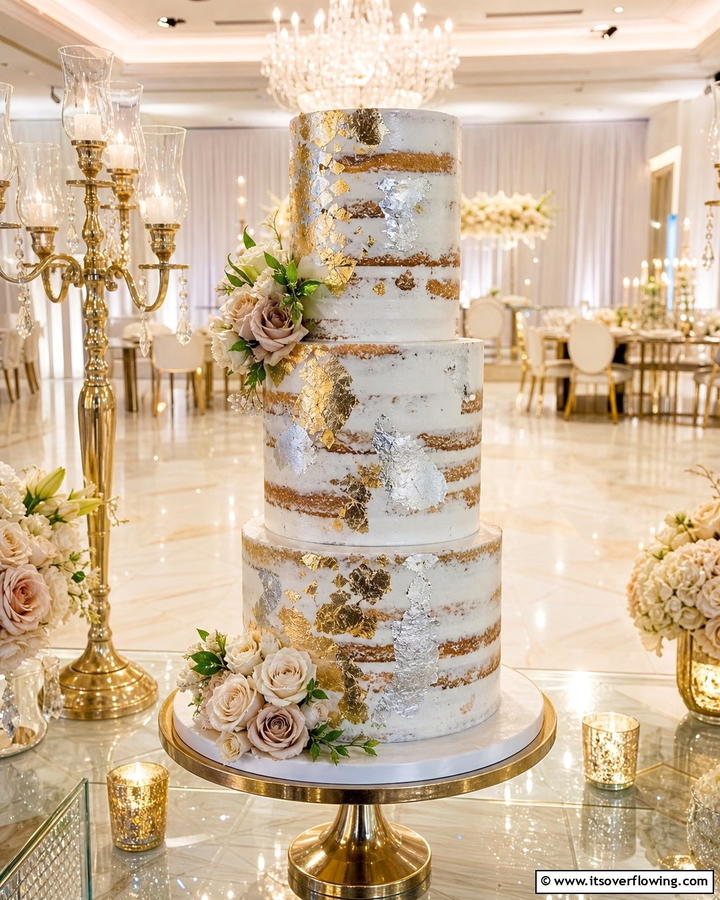 Elegant Metallic Accents Cake - 21 Naked Wedding Cake Ideas for Minimalist Elegance