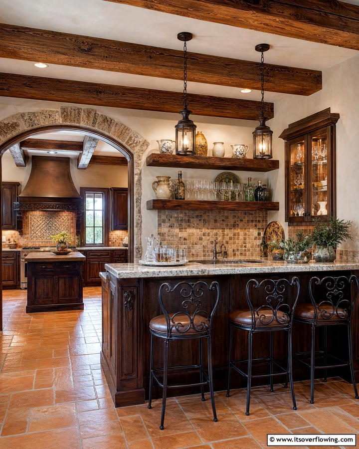 Elegant Mixing Bar Setup - 30 Tuscan Kitchen Ideas for Warm Rustic Mediterranean Vibes