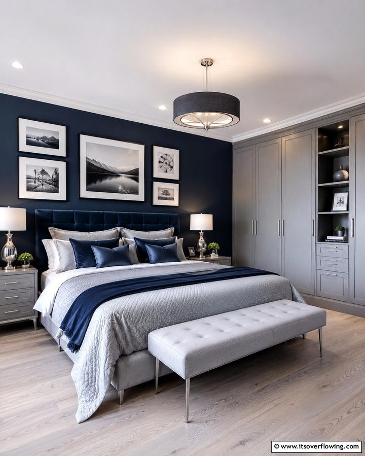 Elegant Monochrome Mix - 30 Calming Blue and Grey Bedroom Ideas for Relaxing Retreats