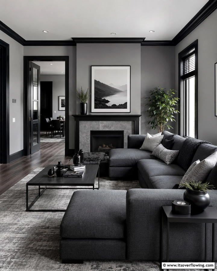 Elegant Monochrome - 30 Living Room Grey Walls & Black Trim- Bold Contrast Ideas