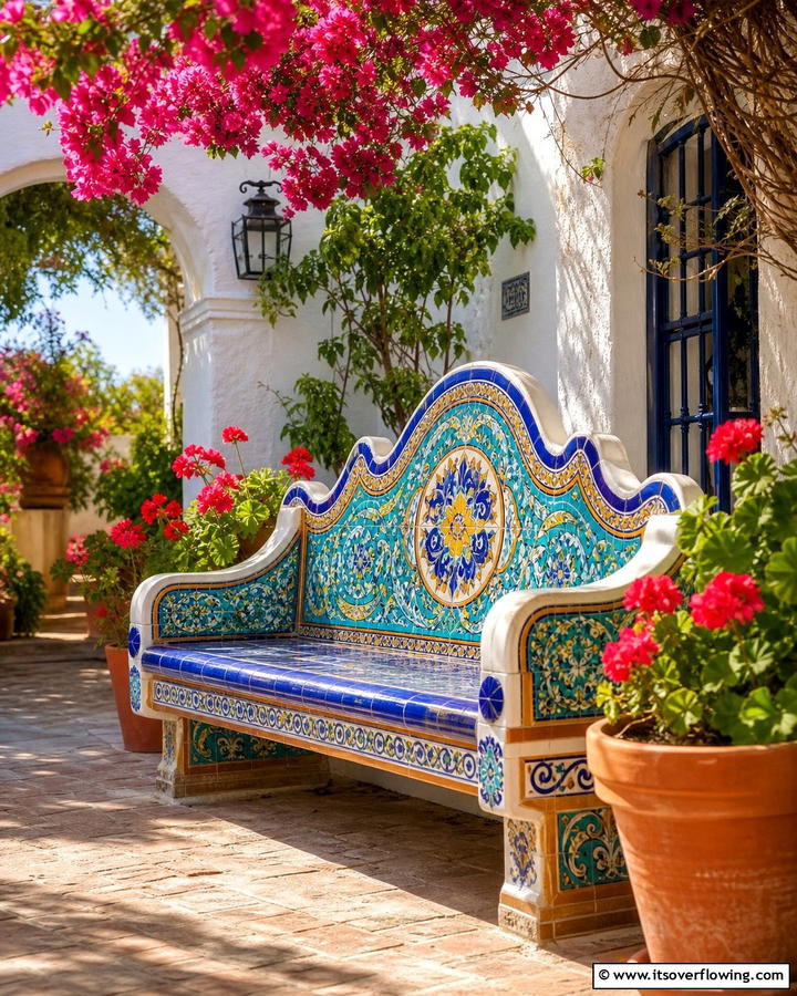 Elegant Mosaic Tiled Bench - 30 Charming Garden Bench Ideas for Relaxing Outdoor Spaces