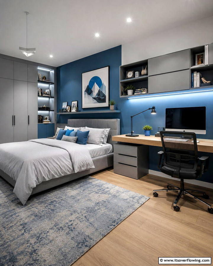 Elegant Office Bedroom Combo - 30 Calming Blue and Grey Bedroom Ideas for Relaxing Retreats