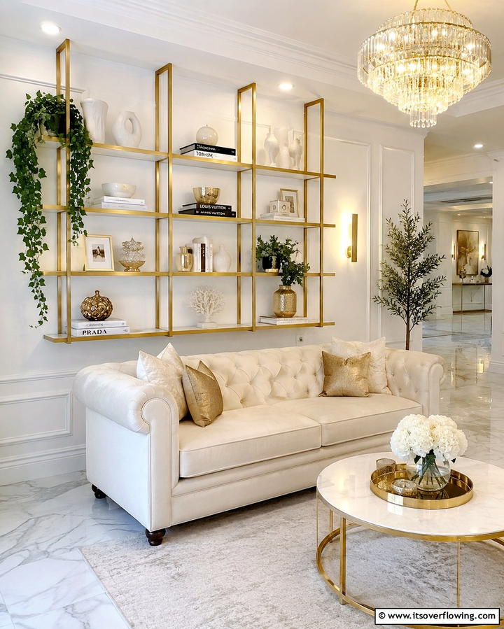 Elegant Open Shelving - 30 Glam Living Room Ideas for Luxurious Comfort