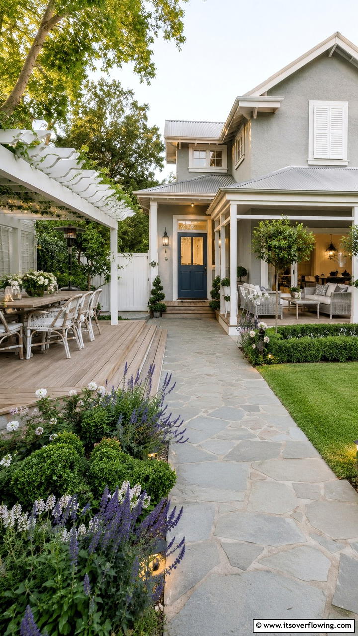 Elegant Outdoor Connection - 30 Grey House With Blue Door Ideas- Charming Curb Appeal