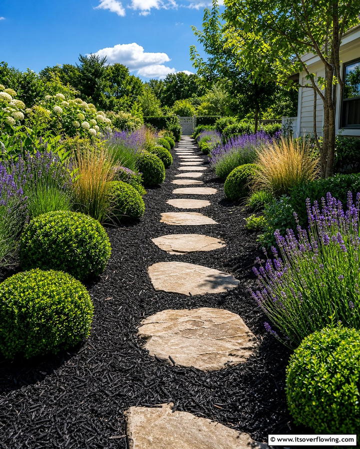 Elegant Pathways with Black Mulch - 25 Black Mulch Landscaping Ideas for a Sleek Garden