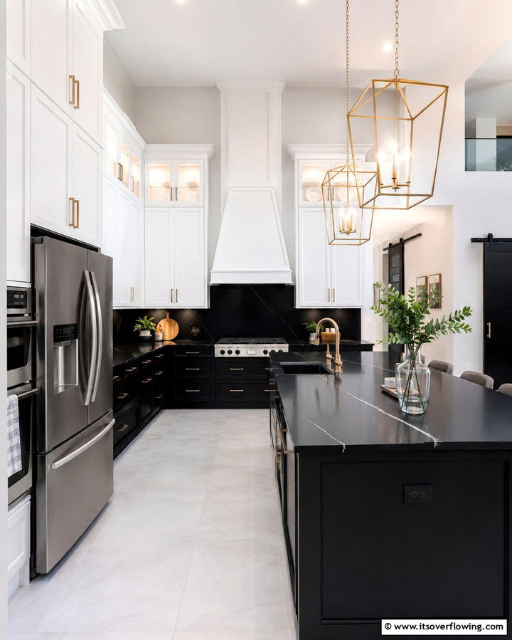 Elegant Pendant Lighting - 25 Kitchen With White Cabinets and Black Countertops Ideas