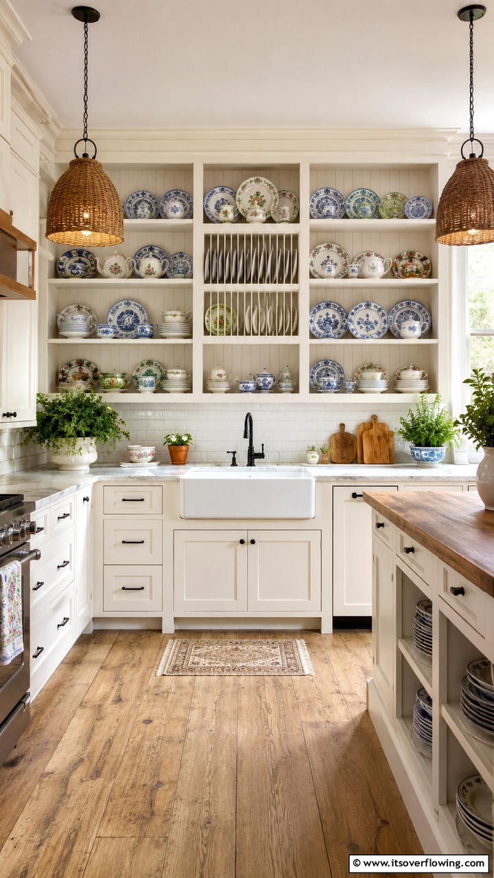 Elegant Plate Display Method - 30 Cottage Kitchen Ideas for Cozy, Charming Farmhouse Style