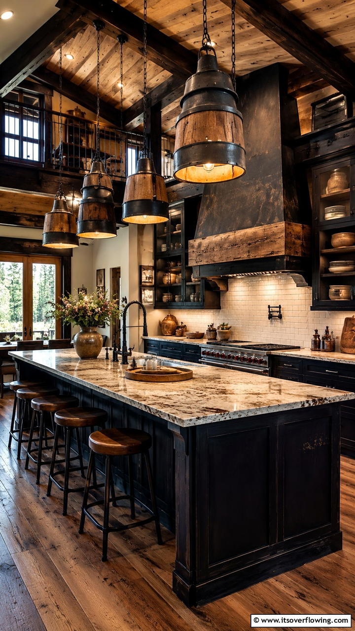 Elegant Rustic Pendant Lights - 30 Cabin Kitchen Ideas- Rustic and Cozy Cooking Spaces