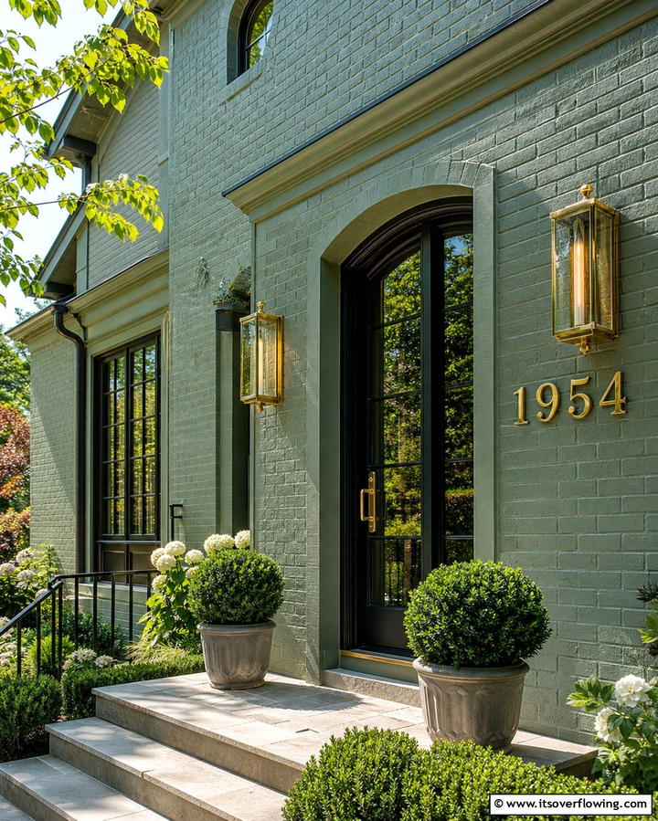 Elegant Sage Green with Gold Accents - 25 Sage Green Painted Brick House Ideas for a Fresh Look