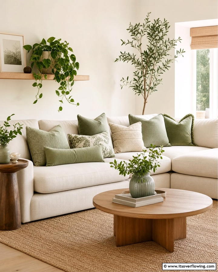 Elegant Sage Throw Pillows - 21 Sage Green Living Room Schemes for Calming Interior Designs