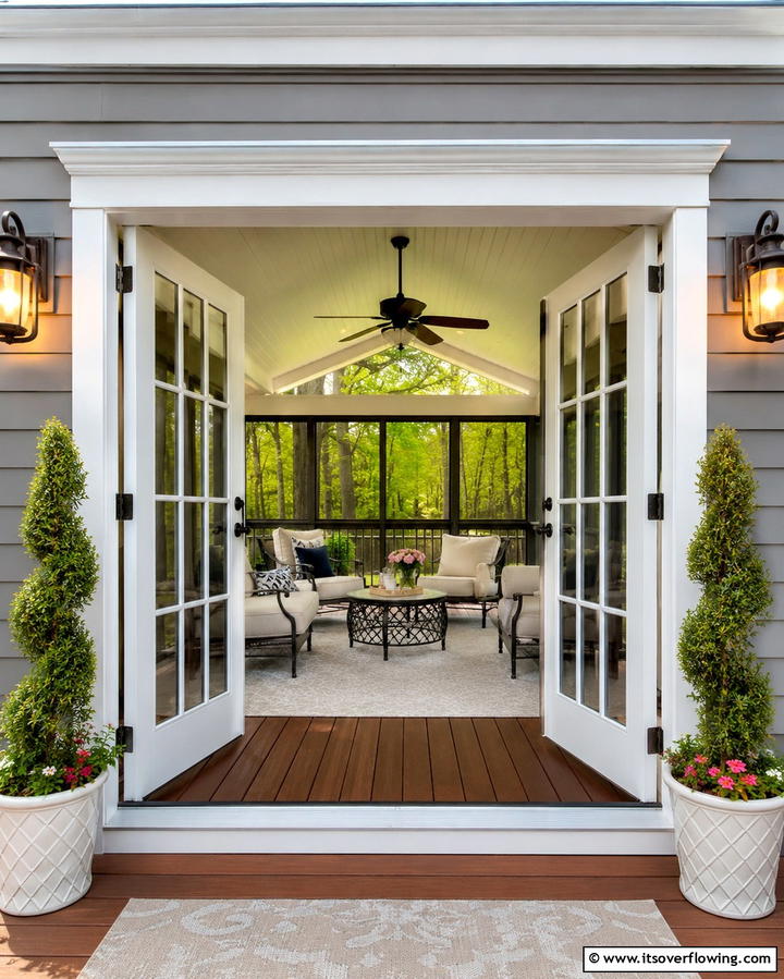 Elegant Screened Deck with French Doors - 30 Screened-in Deck Ideas for Bug-Free Outdoor Living