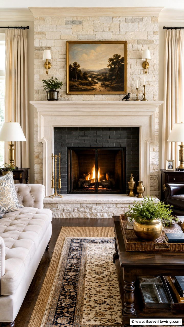 Elegant Stone and Brick Fireplace - 30 Black Brick Fireplace Ideas for Dramatic Focal Points