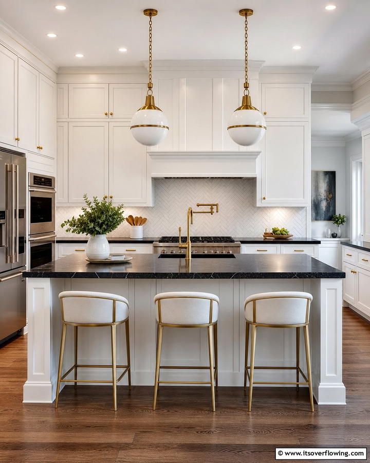 Elegant Touch with Brass Hardware - 20 Kitchen Ideas with Dark Countertops and Light Cabinets